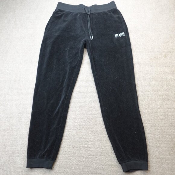 Hugo Boss Mens Pants Medium Black Drawstring Cuffed Ankles Black Jogger Velour - Picture 1 of 10